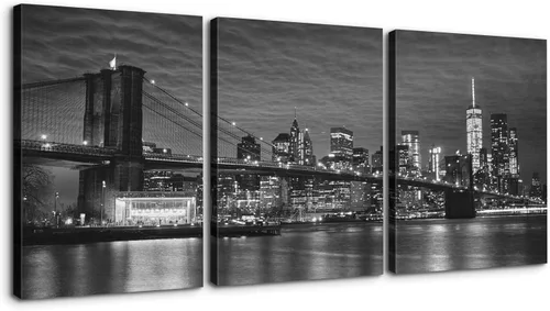 Vista 10 de Denozer - Lienzo decorativo para pared de 3 piezas - Paisaje con paisaje urbano, arte de puente, arte de pared para sala de estar, decoración