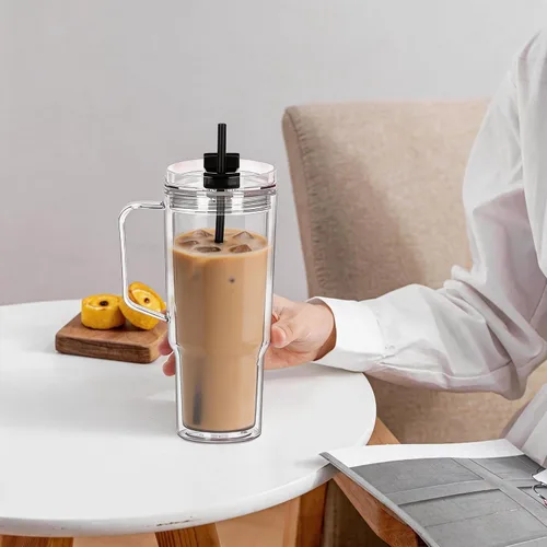 Vista 5 de Vasos de plástico de 40 onzas con asa, tapa de rosca con popote incluido, botella de agua reutilizable de doble pared a prueba de fugas, taza