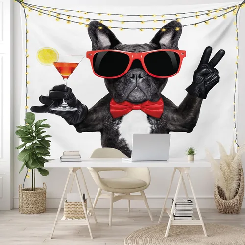 Vista 7 de Lunarable Tapiz divertido, bulldog francés sosteniendo cóctel Martini listo para la fiesta, vida nocturna, impresión de alegría, decoración de tela
