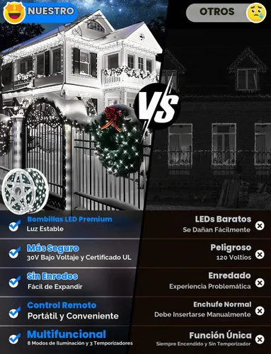 Vista 3 de Brightever Luces LED de Navidad para Exteriores, 295 Pies 900 Luces LED para Árbol de Navidad y Cerca con Control Remoto - 8 Modos de Iluminación