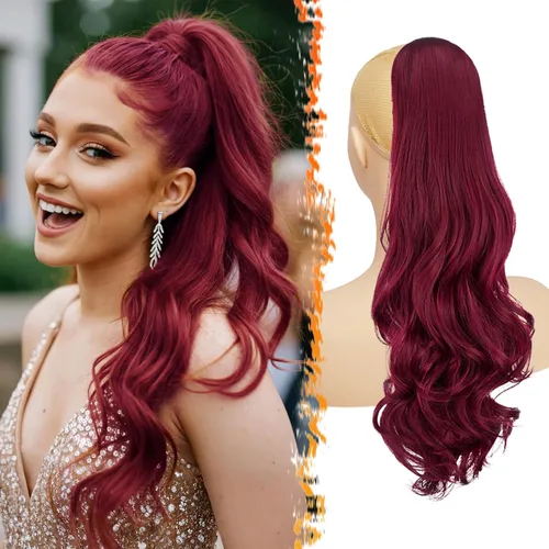 Vista 13 de BARSDAR Extensión de cola de caballo con cordón ondulado negro y marrón – 20 pulgadas con clip de cordón para mujer, extensiones de cabello Negro