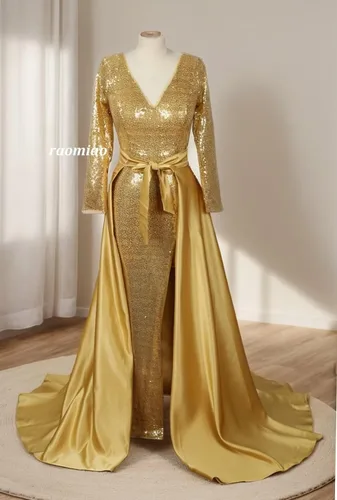 Vista 4 de Vestido de fiesta de lentejuelas de manga larga con cuello en V, vestido de fiesta dividido de satén con cola desmontable, vestido de noche formal