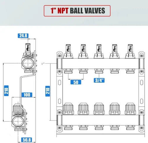 Vista 4 de Juego de colector radiante PEX de 10 bucles de acero inoxidable para suelos hidrónicos de 1/2" Hydronic Radiant For 1/2" PEX Tubing, Fits PERT/PEX