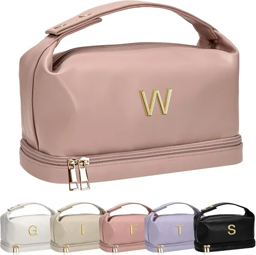 Vista 62 de Bolsa de maquillaje con asa, bolsa de cosméticos impermeable de doble capa, bolsas de maquillaje de cuero PU de gran capacidad con letra, bolsa