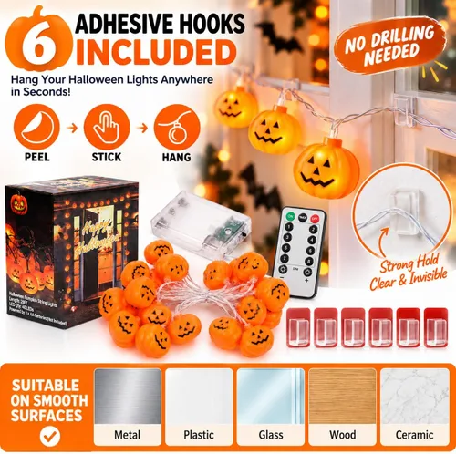 Vista 8 de Guirnalda de luces de calabaza de Halloween, 20 pies, 40 LED, control remoto, 8 modos