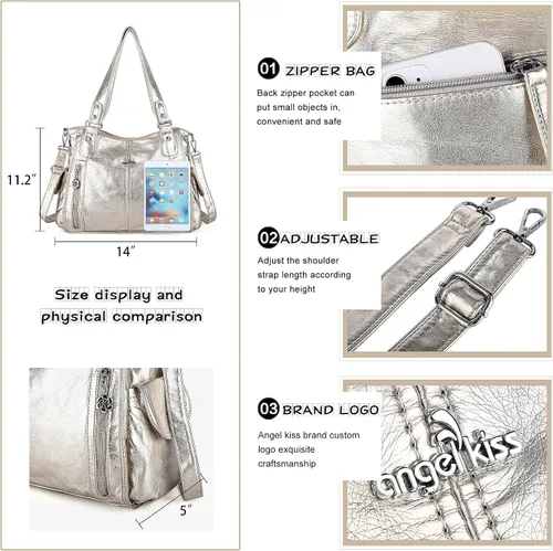 Vista 8 de Angel Kiss Bolsos para mujer con tiras en la parte superior, bolso estilo Hobo, bolsas de hombro espaciosas y casuales, cartera estilo Tote de PU