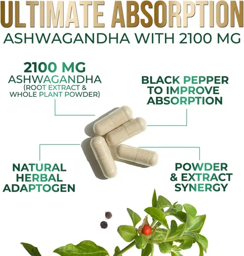 Vista 3 de Suplementos de Ashwagandha - Cápsula de Ashwagandha de 2100 mg para mujeres y hombres, apoyo natural antioxidante, extracto de raíz de Ashwa, apoyo