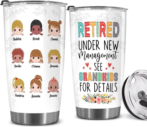 Vista 13 de WHIDOBE Vaso de jubilado personalizado (1 niño) personalizado jubilado bajo nueva administración, mira a los nietos para obtener detalles, vaso