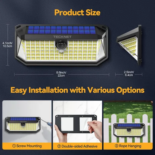 Vista 7 de TECKNET 461 luces LED solares para exteriores, 270° de ángulo y 3 modos de iluminación con sensor de movimiento, luces solares de seguridad