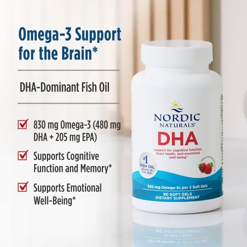 Vista 3 de Nordic Naturals DHA, Fresa - 90 geles blandos - 830 mg Omega-3 - Fórmula DHA de alta intensidad para el apoyo del cerebro y el sistema nervioso