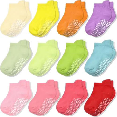 Vista 10 de ELUTONG - Calcetines antideslizantes para niños pequeños, paquete de 12 pares, calcetines de tobillo con agarre para bebés, niños y niñas de 0 a 7