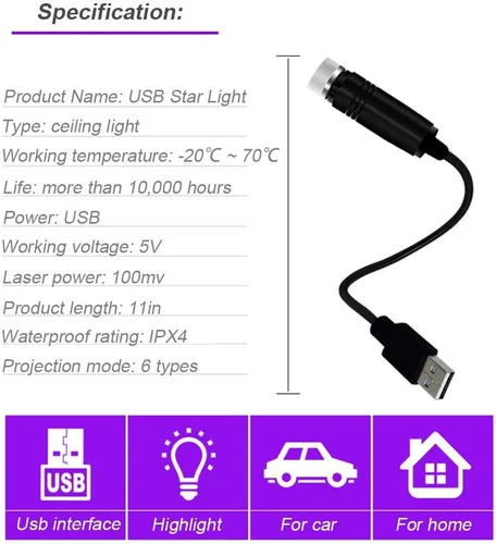 Vista 2 de Lámpara USB de Noche, Proyector de Estrellas, Luz Nocturna Ajustable, Luces Interiores Románticas en Rojo para Auto, Luces de Techo Portátiles