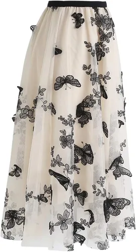 Vista 5 de CHICWISH Falda midi de malla de doble capa de mariposa 3D para mujer