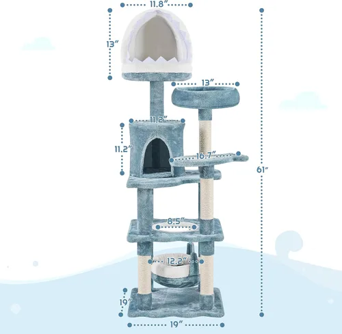Vista 7 de Yaheetech Árbol para gatos con temática oceánica de 61 pulgadas de alto, torre para gatos de varios niveles con nido en forma de boca de tiburón