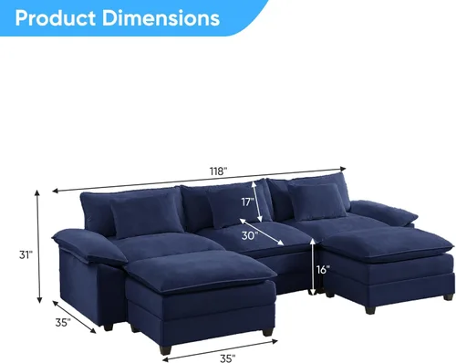 Vista 2 de Mjkone Sofá modular en forma de U de 118 pulgadas con otomana móvil, cómodo sofá modular de gran tamaño con cojín de doble capa, sofás de asiento