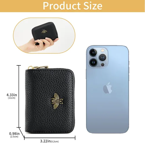 Vista 3 de WOZEAH Tarjetero de cuero para mujer, cartera con bloqueo RFID, con cremallera, tarjetero, para negocios, Negro, Sólido