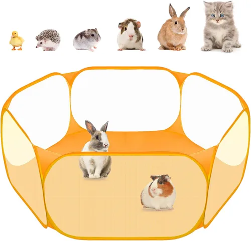 Vista 8 de Amakunft Corralito de animales pequeños 2 en 1 con almohadilla impermeable, patio de juegos portátil desplegable para conejillos de indias, conejos