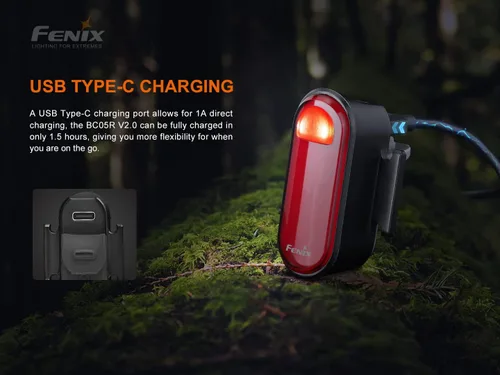 Vista 5 de Fenix BC05R V2 USB-C - Luz trasera roja para bicicleta con cable de carga EdisonBright tipo C