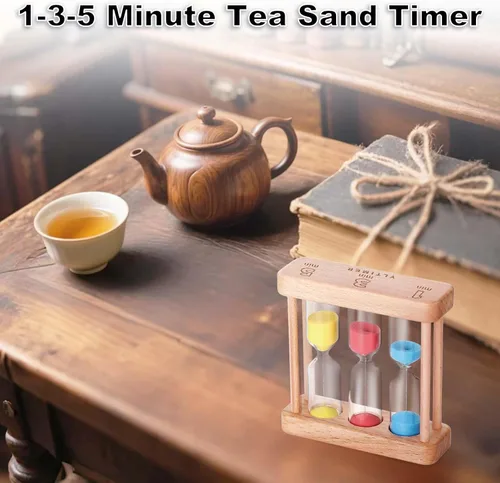 Vista 2 de Reloj de arena con temporizador de arena de té de 1-3-5 minutos, reloj de arena azul con marco de madera pequeño, reloj de arena colorida roja
