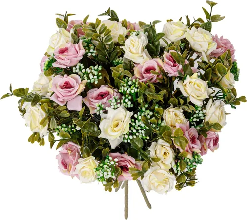 Vista 3 de Flores artificiales, 5 racimos, 12 rosas pequeñas de seda falsa, arreglo de flores de plástico para ramos de boda, decoración del hogar, centros