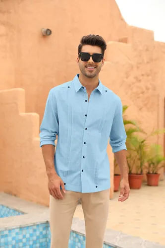 Vista 3 de Angeun Guayabera - Camisa de manga larga con botones, de algodón y lino, casual, hippie, cubano, campamento, playa