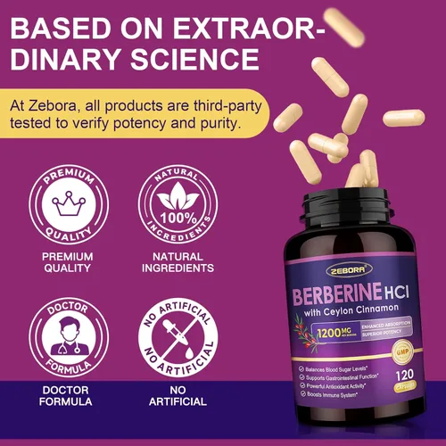 Vista 6 de ZEBORA Suplemento Premium de Berberina HCL 1200 mg, Apoyo de Berberina GLP-1 con Canela de Ceilán, ALA y Ácido Cáprico, Apoyo Inmune y Antioxidante