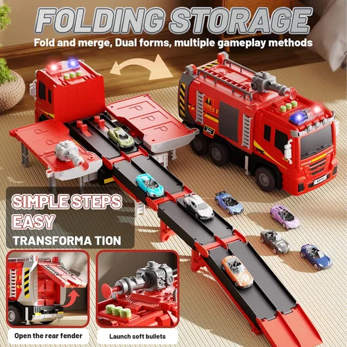 Vista 2 de Fire Truck Toy for Kids Ages 3-5 4-8, 2-in-1 Race Track Set with Launcher