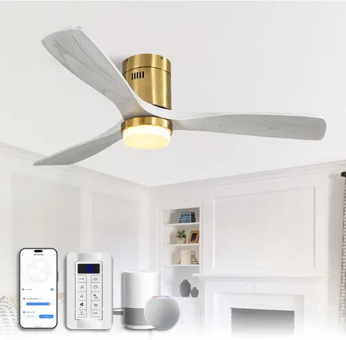 Vista 19 de CACI Mall Ventiladores de techo inteligentes de madera de 52 pulgadas con luces y control remoto, 3 cuchillas, perfil bajo, moderno, compatible