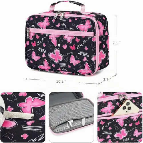 Vista 4 de abshoo Bolsa de almuerzo con aislamiento térmico para niñas, bolsa de almuerzo reutilizable, kit de bolsa de comida para niñas escolares (mariposa)