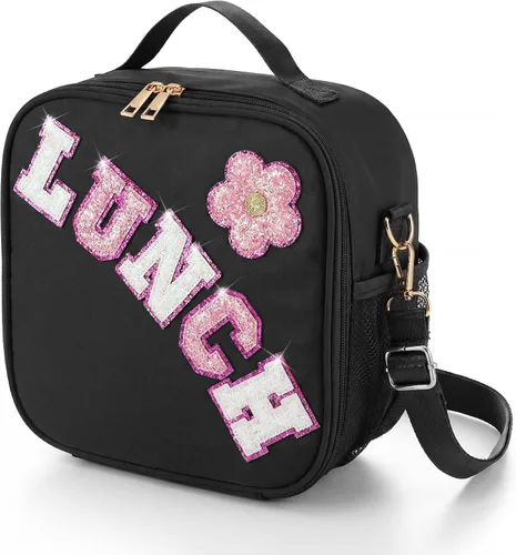 Vista 8 de Bolsa de almuerzo aislada para niños con correa ajustable para niñas, color beige Easy to Clean, Reusable Large Lunch Bag, Holds Lunch Box Snack