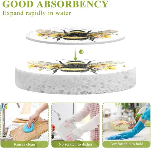 Vista 3 de Kcldeci Paquete de 3 esponjas de cocina esponjosas, esponjas de cocina de abejorro, esponja de microfibra antiarañazos para limpieza del hogar