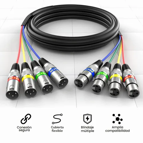 Vista 2 de Cables XLR Snake de 3 pies 4 colores, 4 canales macho a hembra XLR cable de micrófono Cable de conexión de serpiente de 3 pines para grabación