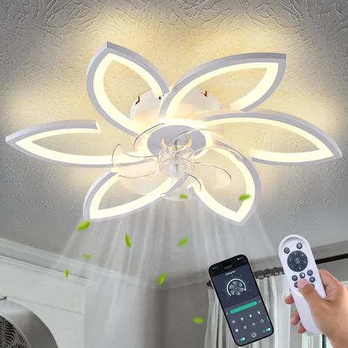Vista 22 de Ventilador de techo de perfil bajo con control remoto y aplicación, motor silencioso y luz LED regulable, ventilador de techo de montaje empotrado