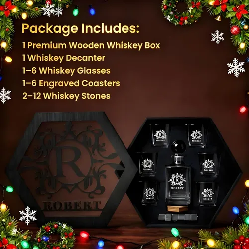 Vista 4 de Juego de decantadores de whisky personalizados para hombres, para el hogar, bar, decantadores de licor personalizados, caja de madera, vasos