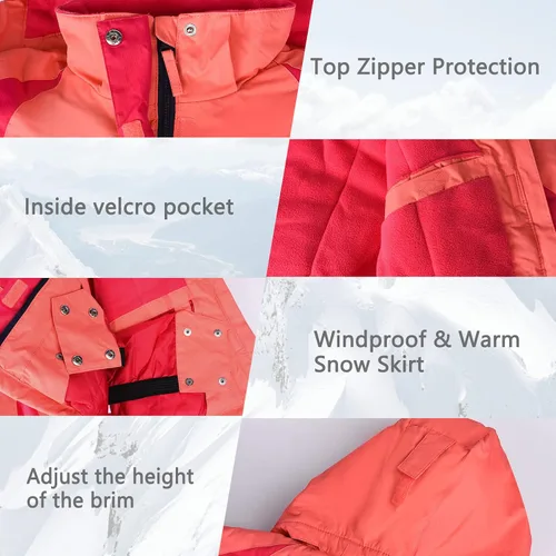 Vista 47 de Chaqueta de esquí impermeable para niñas, chaqueta de snowboard para exteriores, resistente al viento, con forro polar, abrigo de nieve cálido