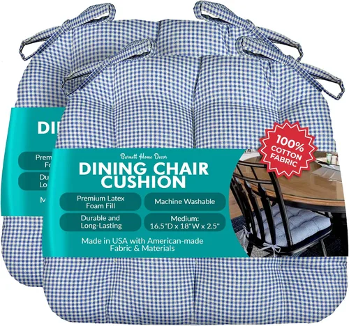 Vista 19 de Barnett Home Decor Ticking Stripe Berlin Blue - Almohadilla para silla de comedor con lazos, tamaño mediano 18, relleno de espuma de látex, lavable