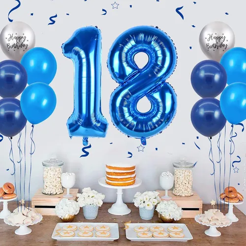 Vista 4 de Globos azules del número 18 de 40 pulgadas, globos de cumpleaños de 18 años, globos de látex azul claro y azul oscuro con impresión plateada