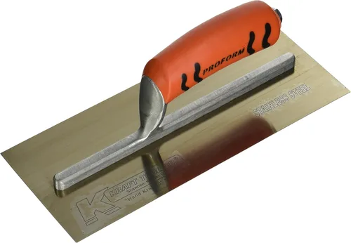 Vista 2 de Kraft Tool PL460PF - Paleta de yeso de acero inoxidable dorado con mango ProForm, 13 x 5 pulgadas, multicolor