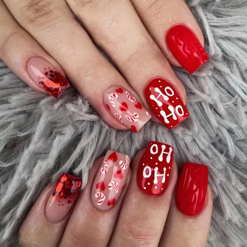 Vista 7 de Uñas postizas cuadradas a presión de Navidad, uñas postizas medianas de copos de nieve, uñas acrílicas a presión color rosa nude, cobertura Nude pink