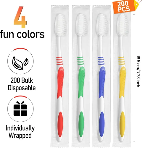 Vista 2 de Honeydak Paquete de 200 cepillos de dientes desechables a granel, de alta calidad, envueltos individualmente, multicolor, cerdas medianas y suaves