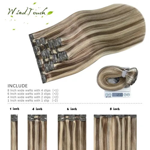 Vista 3 de WindTouch Extensiones de cabello humano real con pinzas, balayage, color rubio ceniza a rubio platino, con reflejos gruesos para cabeza completa, 14