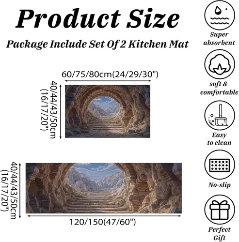 Vista 2 de Kitchen Mats for Floor 2 Piece Set 3D Rock Cave Non Slip Kitchen Rugs Washable Retro Architecture Floor Mats Brown Area Rug Runner for Hallway