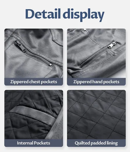 Vista 6 de CREATMO US Chaqueta de piel sintética para hombre, impermeable, resistente al viento, PU con capucha extraíble