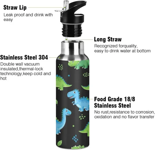 Vista 3 de Insulated Stainless Steel Water Bottle with Straw 20 Oz, Leakproof Water Bottles for Gym Outdoor Travel School, Cartoon Dinosaurs Dot Black