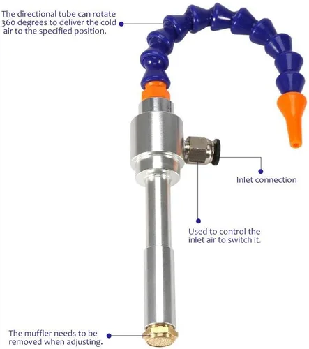 Vista 4 de Aire frío de vórtice de aleación de aluminio de 5.118 in con tubo flexible para fresadora de torno CNC Enfriamiento en seco