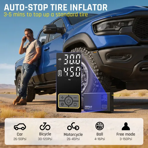 Vista 4 de POPULO Arrancador de coche con compresor de aire, caja de refuerzo portátil de 12 V 59.2 Wh con inflador digital de neumáticos de 150 PSI