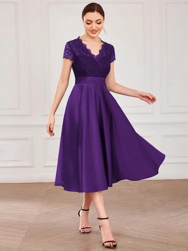 Vista 4 de Ever-Pretty Vestido de cóctel plisado con cuello en V transparente de encaje para mujer 40400