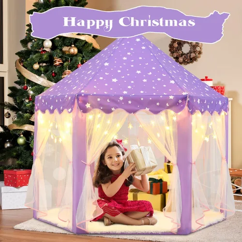 Vista 2 de Tienda de campaña de princesa púrpura para niñas, tienda de campaña para niños con luces LED de estrellas pequeñas, tienda de casa