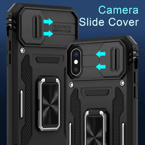 Vista 91 de DEERLAMN Funda para iPhone Xs Max con funda deslizante para cámara + protector de pantalla, soporte giratorio de anillo de grado militar a prueba