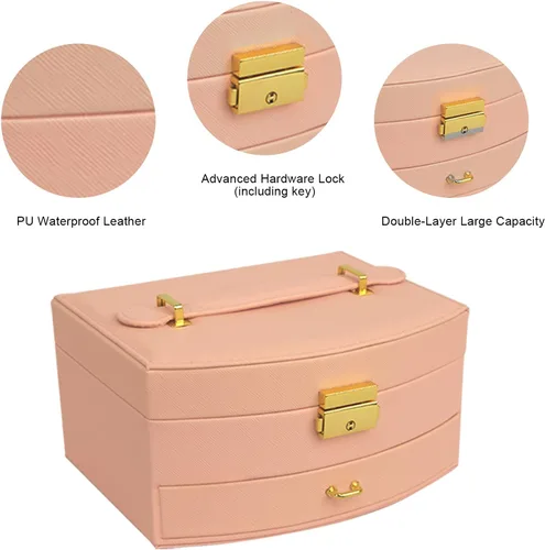 Vista 5 de U-D Cajas organizadoras de joyas para mujer, 2 capas, con bandeja desmontable y cajón (rosa)